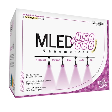 Miracle Led 450+660 Nanometer Indoor Grow Light Kit Red&Blue Spectrum 12W Repl 150W 4Socket Corded Fixture, 4PK 603549